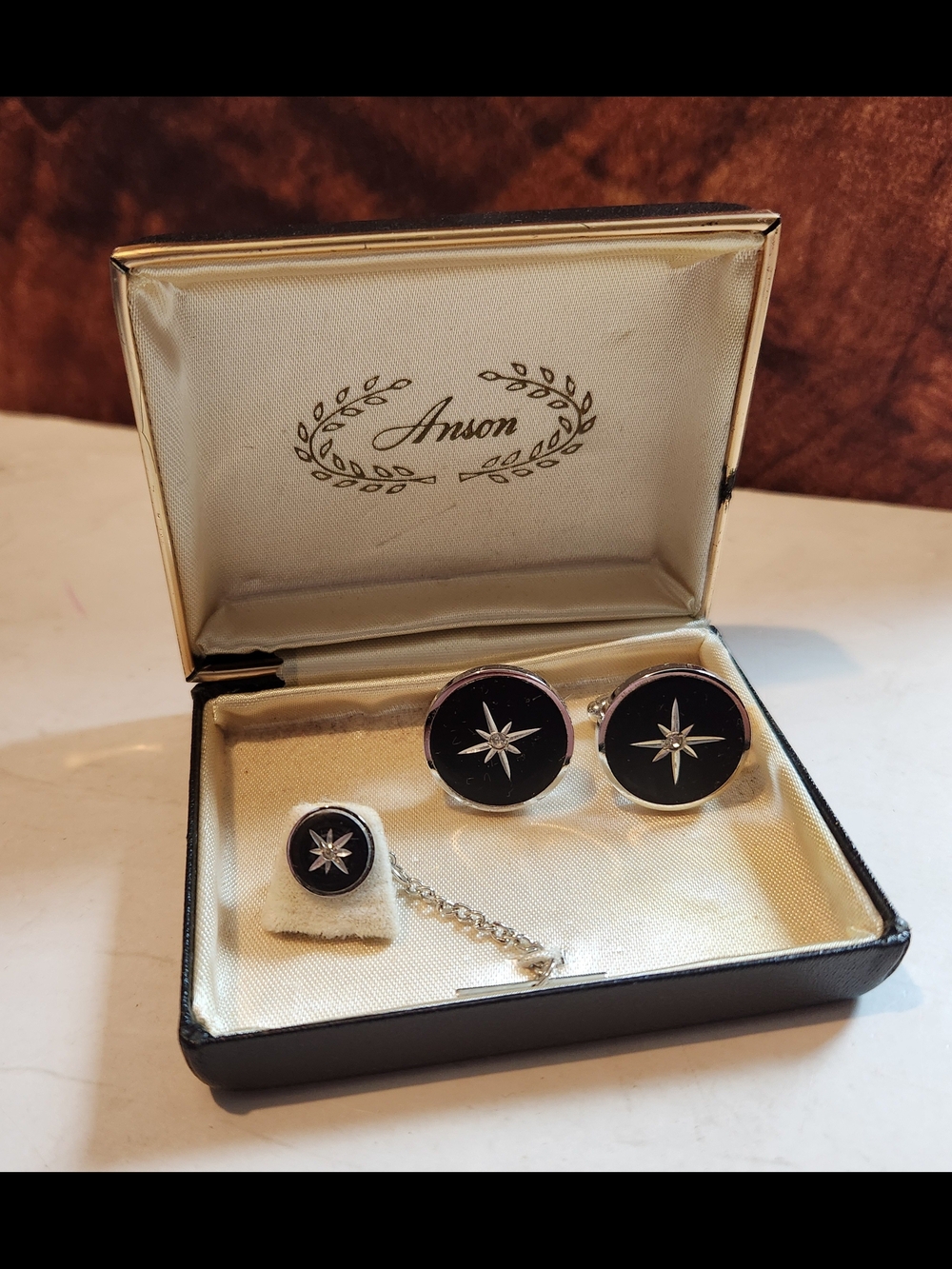 Vintage Anson Black Onyx Starburst Cufflinks and Tie Tack Set